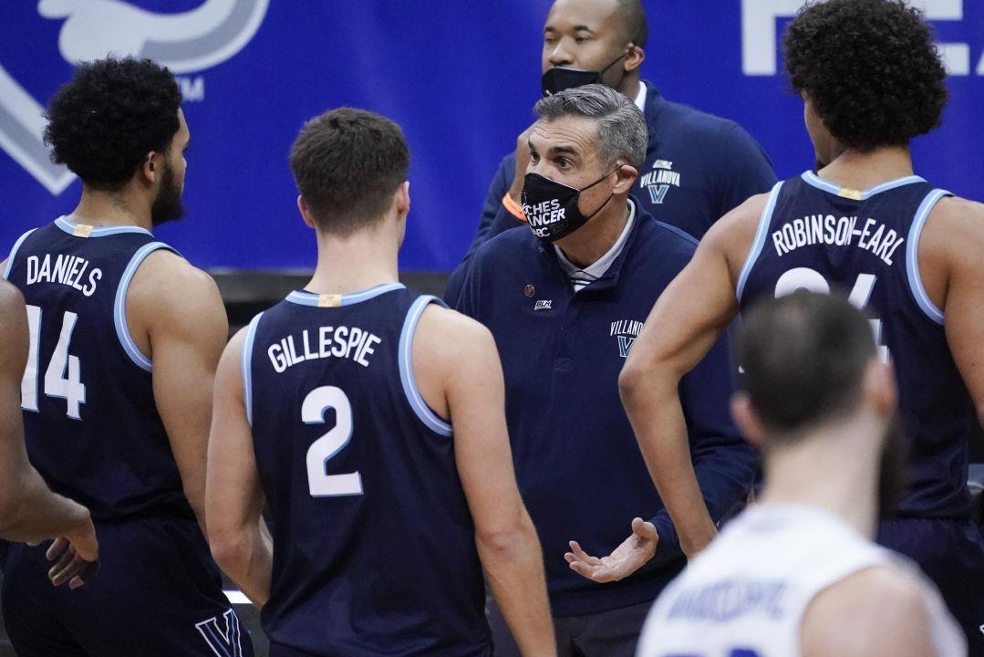 Villanova Head Coach Jay Wright Talks To His Players During A Timeout In The Second Half Of An Ncaa College Basketball Game Against Seton Hall Saturday Jan 30 2021 In Newark N J