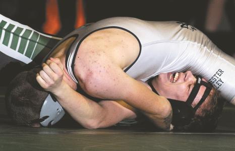 centurys mike conaway is pinned by manchester valleys mike hooton during their 138 pound match at century high school thursday jan 9