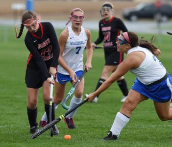north carrolls mia heindel plays the ball upfield in front of walkersvilles hannah chavez and alli mori wednesday oct 29 at walkersville high school