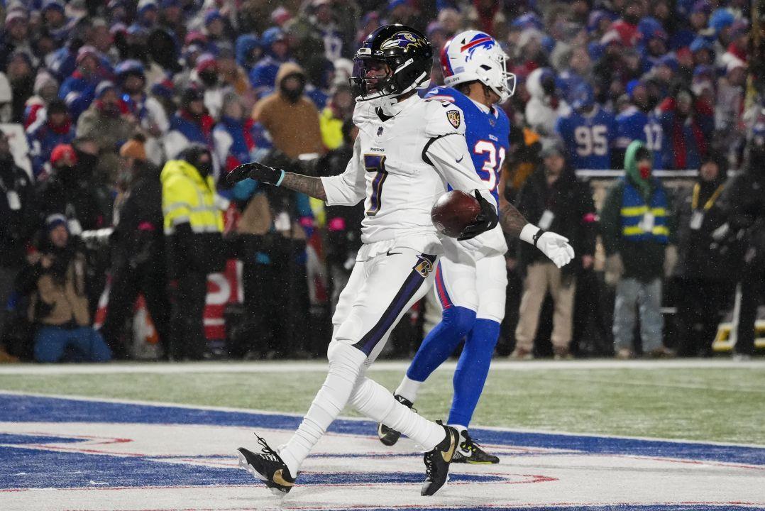 Baltimore Ravens wide receiver Rashod Bateman (7) reacts after making a touchdown catch against the Buffalo Bills during the first quarter of an NFL divisional playoff football game, Sunday, Jan. 19, 2025,