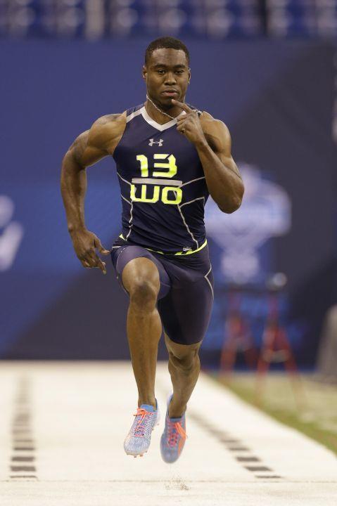 FILE - Oregon State wide receiver Brandin Cooks runs the 40-yard dash at the NFL football scouting combine in Indianapolis, Sunday, Feb. 23, Cooks set a time of in
