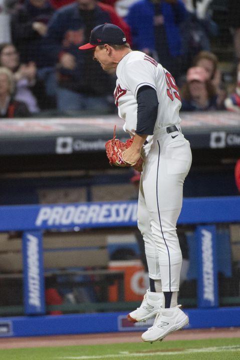 Cleveland Guardians relief pitcher James Karinchak celebrates after  completing the eighth inning of a baseball game against the New York  Yankees in Cleveland, Monday April 10, 2023. (AP Photo/Phil Long)