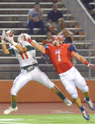 harlingen south hawk darren perez 11 catches a hail mary pass friday night against veterans memorial chargers at sams memorial stadium
